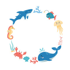 Round frame with marine animals. Sea Life circle frame on white background. For postcards and posters. Vector illustration.