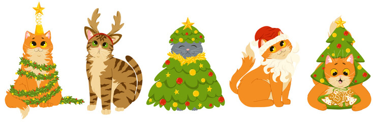 Merry Christmas set of cats celebrating New Year holidays. Vector cartoon illustrations of cute pets wearing funny costumes. Isolated prints for stickers and decor