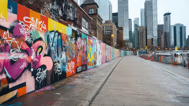 Urban street scene with colorful graffiti on a long wall and modern skyscrapers in the background under a cloudy sky.