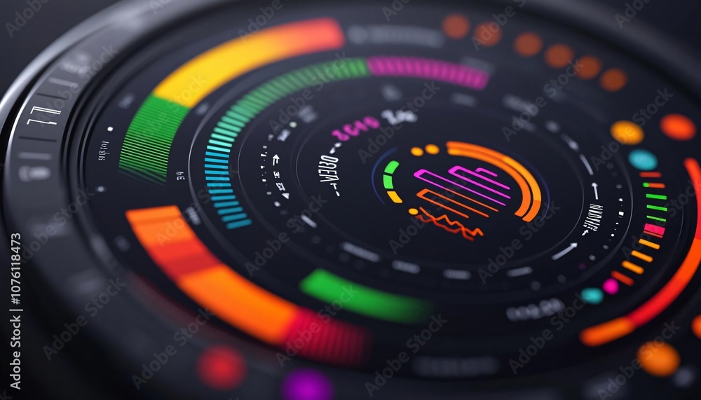 Poster vibrant data visualization displaying intricate patterns and colors, perfect for modern tech present