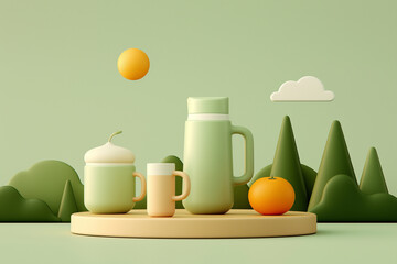Green thermos cups orange nature backdrop floating sun cloud