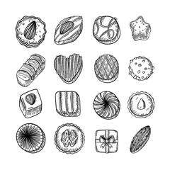 Chocolate candies vector set isolated on white background. Black and white sketched style. 
