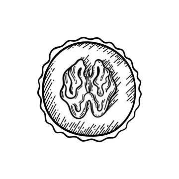 Сhocolate candy with walnut. Vector illustration isolated on white background. Black and white sketched style.