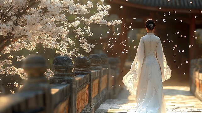 A Vietnamese woman dressed in a white Hue Ao Dai with subtle silver embroidery, walking along the ancient stone pathway of Hue&rsquo;s Thien Mu Pagoda, cherry blossoms falling gently in the breeze,