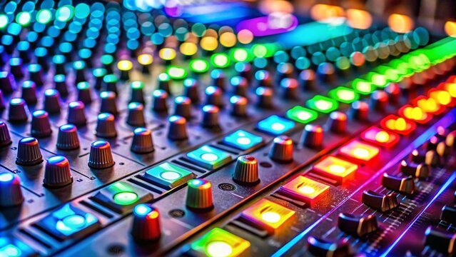 A close-up of an audio mixer with sliders and dials, each glowing with colorful lights representing different podcast music channels