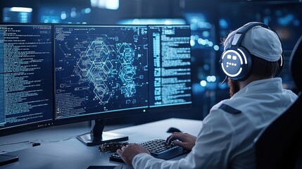 Focused developer analyzes complex data in a sleek technology-inspired environment