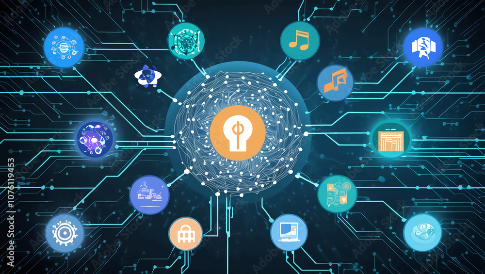 Poster tech processes, neural networks, artificial intelligence, data encryption and transmission, digital 