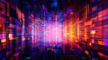 Abstract digital tunnel with glowing neon lights and colorful geometric shapes.