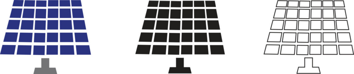 Solar system plates icon set. The main solar panel types flat and line vector of monocrystalline polycrystalline and thin film solar energy panel with Sun collection isolated on transparent background