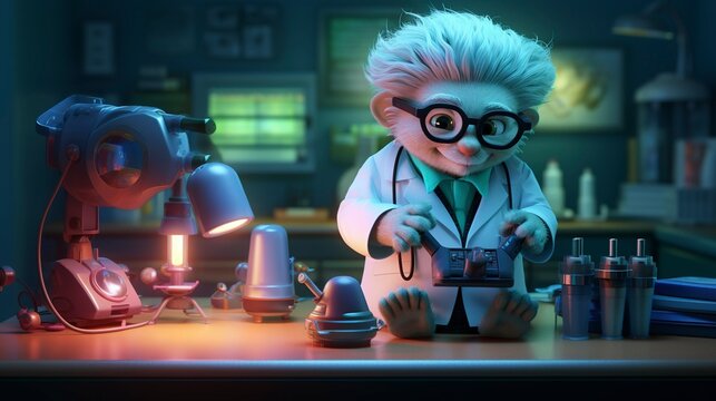 A photo of a 3D character conducting a virtual medical research