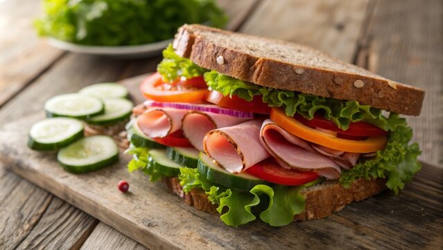 Ham and Veggie Sandwich on Wholemeal Bread - Delicious, Healthy Lunch Option, Fresh Ingredients, Gourmet Sandwich, Vibrant Veggies, Tasty Ham, Whole Grain, Nutrient-Rich Meal, Perfect for Picnics