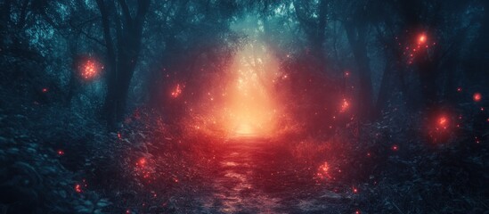Fototapeta premium A mystical path through a dark forest with glowing fireflies and a bright light at the end.