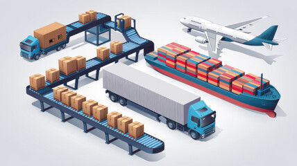 Efficient logistics chain with trucks, ships, and planes transporting goods