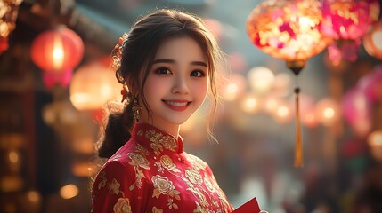 A young Vietnamese girl in a bright red mini Ao Dai decorated with golden peach blossom patterns, holding a red envelope with a joyful smile, standing in a street filled with colorful Tet lanterns,