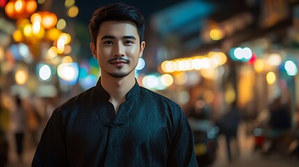 Fototapeta premium A young Vietnamese man in a modernized black Ao Dai, standing confidently against a backdrop of bustling city streets, blending traditional and contemporary aesthetics,