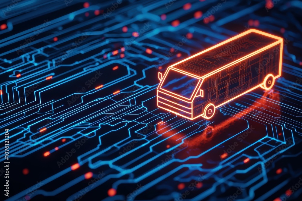 Poster futuristic concept of real-time fleet tracking interface with holographic elements and neon bus on d