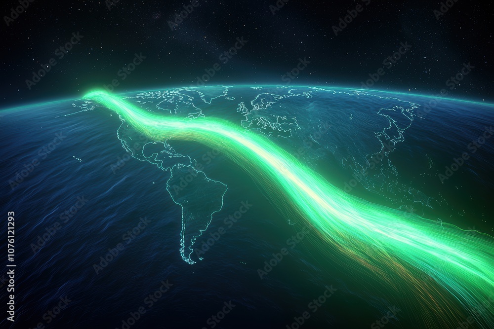 Poster holographic world map displaying dynamic cargo connection routes with vibrant energy streams illustr