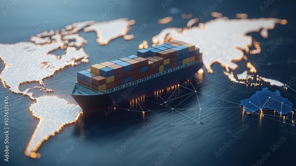 Poster digital representation of global cargo fleet displayed on interactive map with network connections a