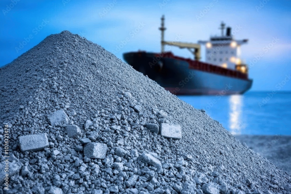 Poster loading dry bulk cargo such as coal onto a cargo vessel with a large pile of material in the foregro