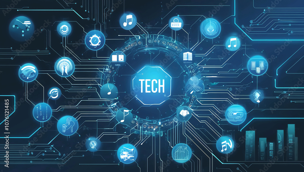 Poster tech processes, neural networks, artificial intelligence, data encryption and transmission, digital 