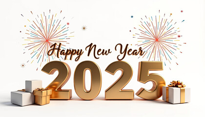 Luxury text 'Happy New Year 2025' in golden with colorful fireworks golden white gift box and new year stuff decorative isolated on white background