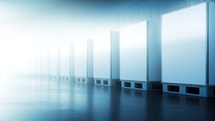 Sleek and Futuristic Cold Storage Facility Featuring Sterile Crates Designed for Efficient Shipping and Transport Under Dim Light Conditions