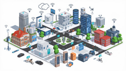 3D illustration of IoT enabled city with smart buildings and vehicles