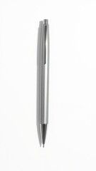 Shiny silver pen resting on a clean white background, sleek, white background