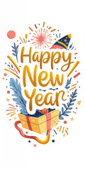 Portrait Happy New Year in colorful water paint text golden with colorful fireworks golden white gift box and new year stuff decorative isolated on white background