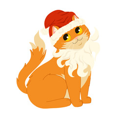 Cute orange cat wearing santa hat. Merry Christmas and Happy New Year. Vector flat cartoon illustration for stickers and prints on white background