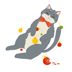 Cute grey cat playing with Christmas tree toys. Merry Christmas and Happy New Year. Vector flat cartoon illustration for stickers and prints on white background