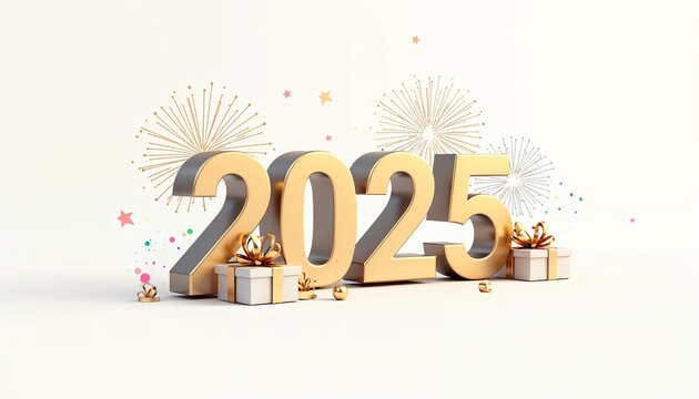 2025 in golden text with colorful fireworks golden white gift box and new year stuff decorative isolated on white background