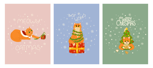 Christmas greeting cards set. Cute funny ginger cats characters with handwritten lettering, snowflakes frame. Vector illustration design templates for Merry Christmas and Happy New Year congratulation