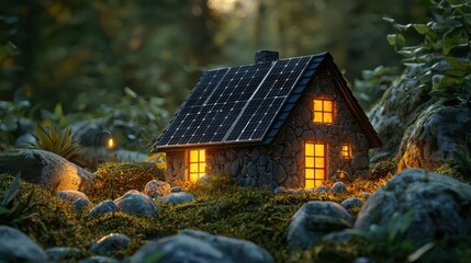 A cozy eco-friendly house illuminated at dusk, surrounded by nature and greenery, showcasing its solar panels.