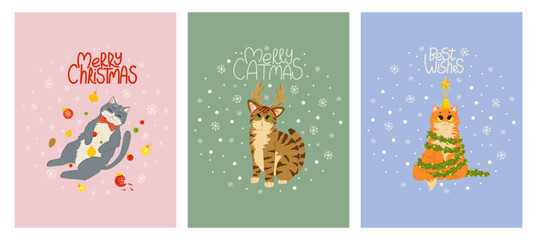 Christmas greeting cards set. Cute funny cats characters with hand drawn lettering, snowflakes frame. Vector illustration design templates for Merry Christmas and Happy New Year congratulations