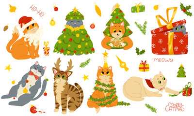 Christmas cats big set. Kittens celebrating New Year holidays. Vector doodle cartoon illustration of cute pets wearing costumes, playing with Christmas ornaments. Isolated print for stickers and decor