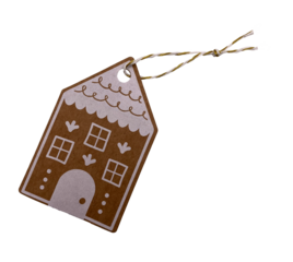 Christmas cute gift tag label gingerbread house gift tag, no background isolated with gold tie