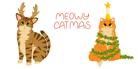 Merry Christmas set of cats celebrating New Year holidays. Vector cartoon illustrations of cute pets wearing Christmas costumes. Isolated prints for stickers and decor