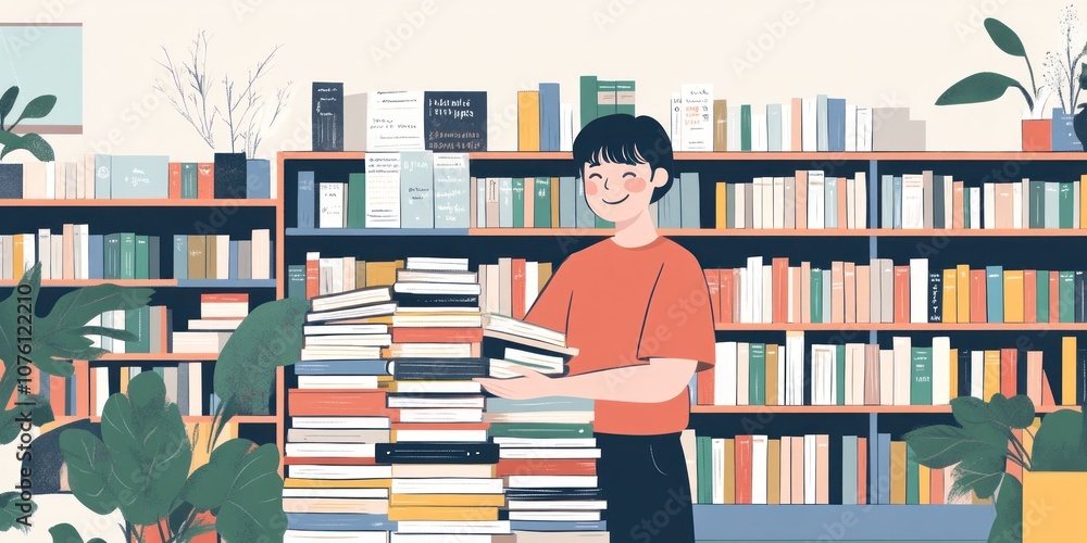 Poster a person smiles while balancing a stack of books in a cozy library setting.