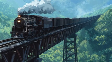 Steam Train Crossing a Mountain Bridge