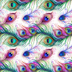 Obraz premium Peacock Feathers Seamless Pattern: Vibrant watercolor peacock feathers in a repeating pattern, showcasing iridescent blues, greens, and pinks. Perfect for textile design, fashion, and home decor. 