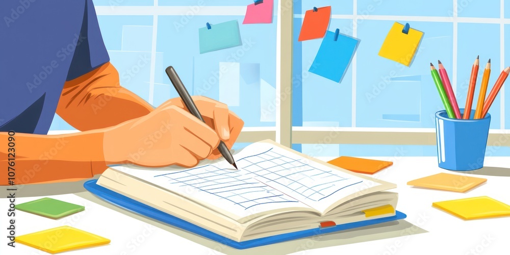 Poster a person writing in a notebook at a desk with colorful sticky notes and pens.