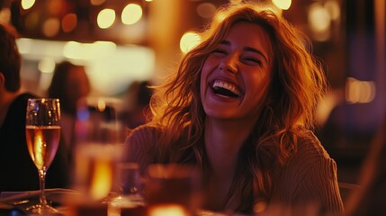 A woman is laughing and smiling at a table with glasses and cups