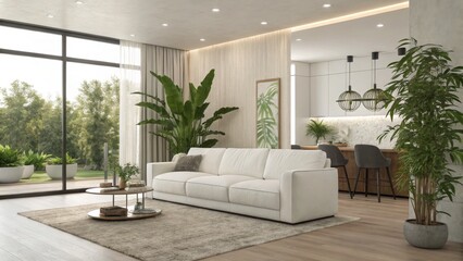Modern Minimalist Living Room Interior Design with White Sofa, Green Plants, 3D Illustration, Contemporary Decor, Spacious Layout, Cozy Atmosphere, Neutral Colors, Stylish Furniture