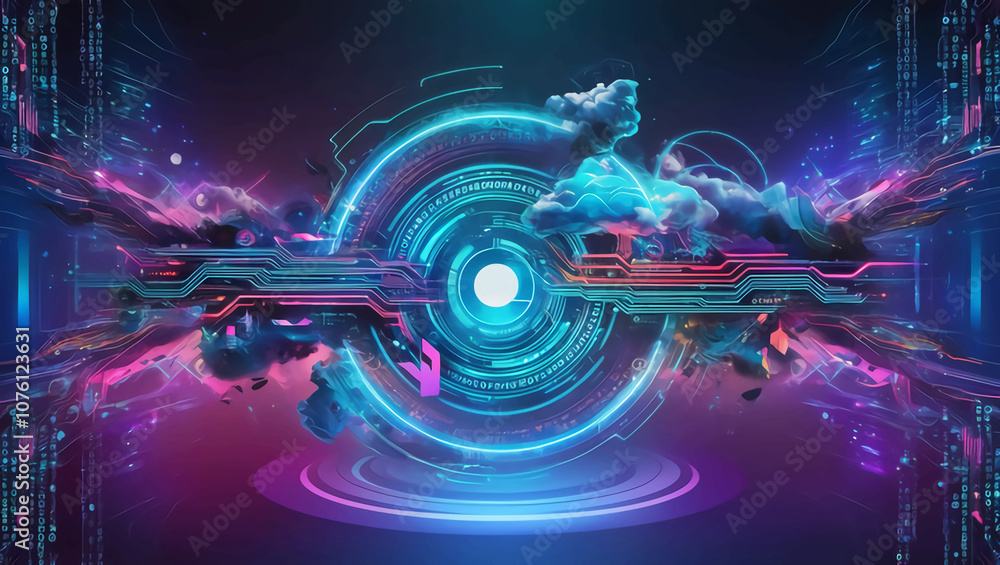 Poster a futuristic digital landscape with a mesmerizing blend of neon-lit circuits, swirling clouds of bin
