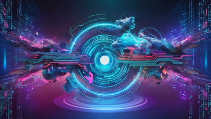 A futuristic digital landscape with a mesmerizing blend of neon-lit circuits, swirling clouds of binary code, and vibrant geometric patterns, evoking the intersection of technology, artificial intelli