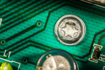 PCB mounting torx screw, printed, circuit, board, blurred background, assembly, elements,...