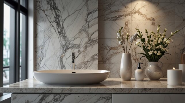 Luxurious bathroom with elegant marble walls, stylish white bowl sink and exquisite floral decorations creates a calm and sophisticated atmosphere for relaxation