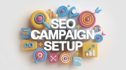 SEO campaign setup with colorful icons and targets for digital marketing