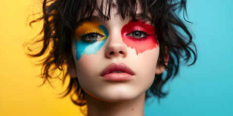 Obraz premium Bold Beauty: Abstract Makeup artistry on a model with vibrant colors and a striking pose against a bold yellow and blue background. 